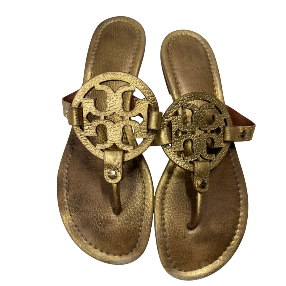 Tory Burch Miller Metallic Gold Leather Logo Thong Sandals Size 10M